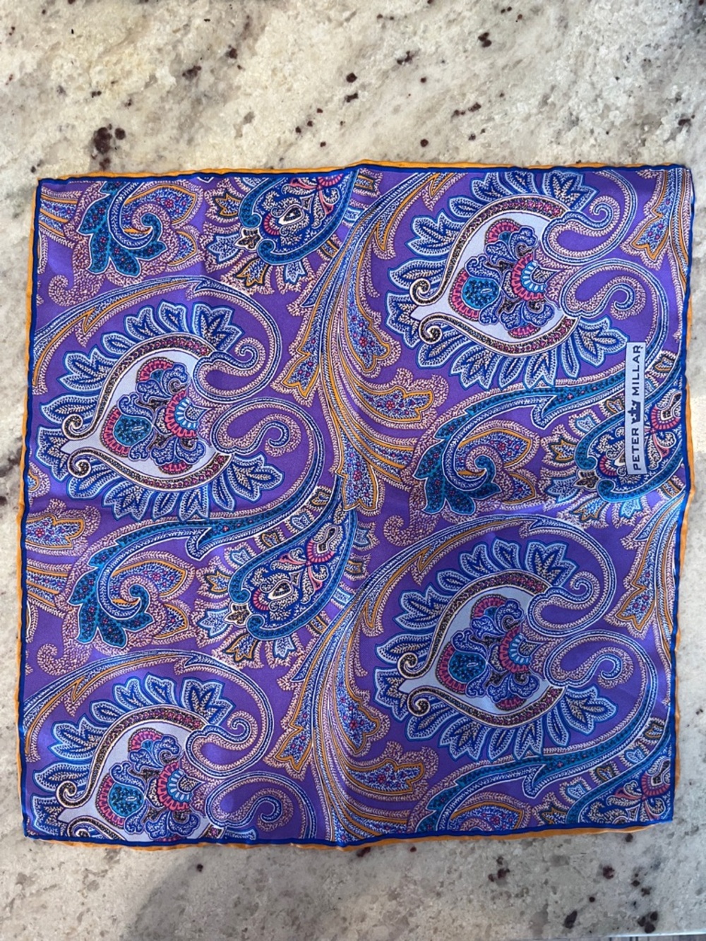 Peter Millar Purple Paisley 100% Silk Pocket Square with Teal & Gold Accents